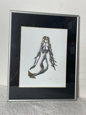Vintage Raymond Cox Framed Hand Wrought Pewter Metallic Mermaid Wall Art